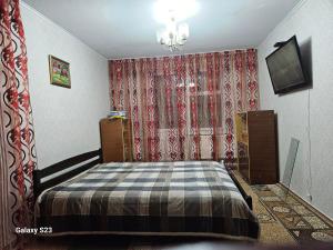 Ştefan-VodăRetro apartament的一间卧室配有床和红色窗帘