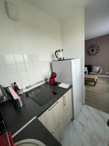 a kitchen with a refrigerator and a counter top at Studio Cosy Elancourt, Les terrasses d'Héricé in Élancourt