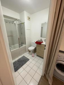 W łazience znajduje się prysznic, toaleta i umywalka. w obiekcie Studio Cosy Elancourt, Les terrasses d'Héricé w mieście Élancourt