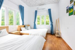 two beds in a room with blue curtains at Cat Ba Countryside Homestay in Cat Ba