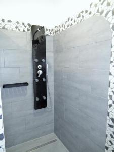 łazienka z prysznicem z czarną głowicą prysznicową w obiekcie Appartement blue Dinghi w mieście Mörbisch am See
