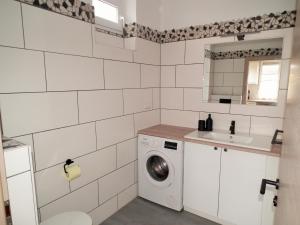 ein Badezimmer mit einer Waschmaschine und einem Waschbecken in der Unterkunft Appartement blue Dinghi in Mörbisch am See