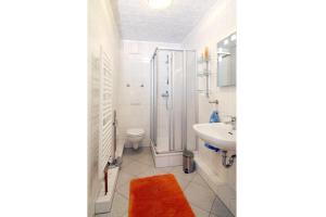 a bathroom with a shower and a toilet and a sink at Haus Waterkant in Breege +12 photos