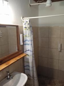 W łazience znajduje się umywalka, lustro i prysznic. w obiekcie Cabañas Bajo Bosque Drake w mieście Bahía Drake