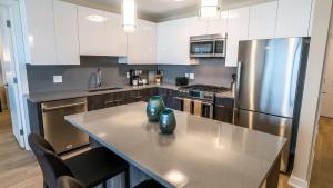 a kitchen with stainless steel appliances and a counter top at Luxury Apartment Downtown in Stamford