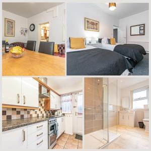 a collage of three pictures of a bedroom and a bathroom at Hindley Serviced Accommodation in Hindley