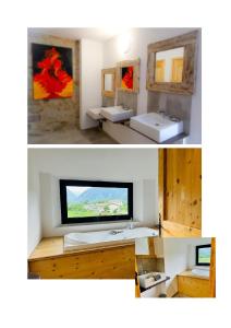 two pictures of a bathroom with two sinks and a mirror at Le Domaine d'Arignac - La grande maison in Arignac