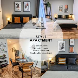 kolaż zdjęć pokoju z łóżkiem i stołem w obiekcie Leipzig Residenz City-Center Apartments w Lipsku