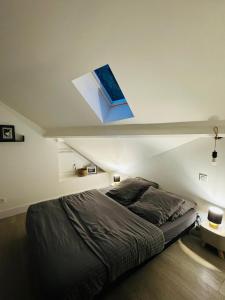 サルラ・ラ・カネダにあるAppartement* authentique meublé Sarlat coeur villeのベッドルーム1室(ベッド1台、天井に窓付)