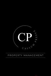 a white cp logo on a black background at CP Top floor luxury studio in Gibraltar