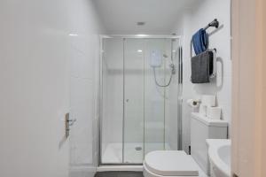 y baño blanco con ducha y aseo. en 4 Person Modern Apartment Nr City Centre, en Cardiff