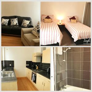 two pictures of a living room with a bed and a kitchen at Leigh Accommodation in Leigh