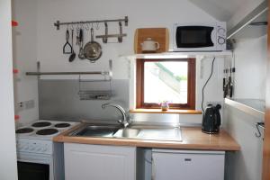 a kitchen with a sink and a stove and a window at Ballylagan Organic Farm in Straid
