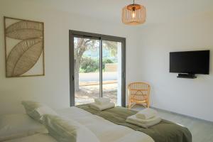 1 dormitorio con 1 cama grande, TV y ventana en Villa Mare Monti, en Calvi 26 fotos más