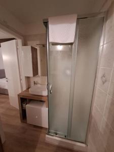 uma casa de banho com um chuveiro de vidro num quarto em Borgo Guazzo 24 em Parma