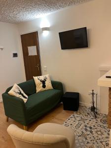 a living room with a green couch and a flat screen tv at Casetta nel bosco - Appartamento "Le betulle" Lavarone in Chiesa