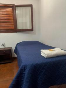 Un dormitorio con una cama azul y una ventana en HOSTAL TILIAN en Salta