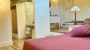 een slaapkamer met een bed en een inloopdouche bij Domaine Les Terres de Saint-Hilaire in Ollières