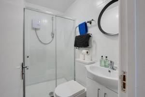 a bathroom with a shower and a toilet and a sink at Duplex Apartment For Up to 13 Near City Centre in Cardiff