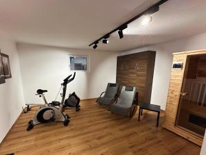 Willi‘s Studio في سالباخ هينترغليم: غرفة معيشة مع آلة ركض وصالة ألعاب رياضية