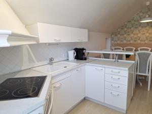 eine Küche mit weißen Schränken und einem Herd mit Backofen in der Unterkunft Apartments Mertelj in Kranjska Gora