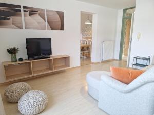 sala de estar con TV y sofá en Apartments Mertelj, en Kranjska Gora