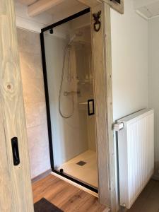 W łazience znajduje się prysznic ze szklanymi drzwiami. w obiekcie B&B Le Nid d'Hirondelle w mieście Houffalize