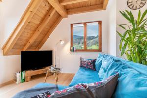 a living room with a blue couch and a tv at Vorderbühlhof in Oppenau