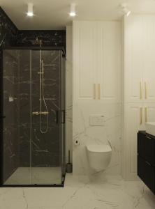 a bathroom with a glass shower and a toilet at Strzelecka apartment in Kraków