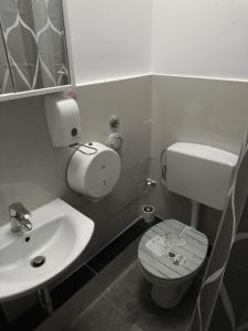 La salle de bains blanche est pourvue de toilettes et d'un lavabo. dans l'établissement MK Apartments Bremen 1, à Brême