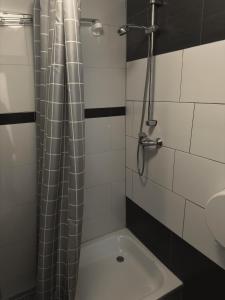 La salle de bains est pourvue d'un rideau de douche et d'un lavabo. dans l'établissement MK Apartments Bremen 1, à Brême