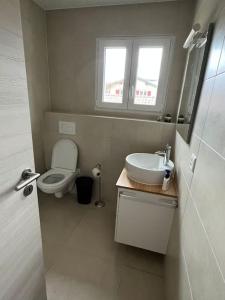 een badkamer met een toilet, een wastafel en een spiegel bij House Near EPFL/Unil/Renens Gare/Lausanne in Ecublens