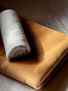 un rollo de papel higiénico blanco sentado en una servilleta en El Lobo Hostel, en General Luna