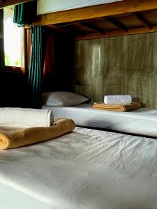 2 Betten mit Kissen auf einem Zimmer in der Unterkunft El Lobo Hostel in General Luna
