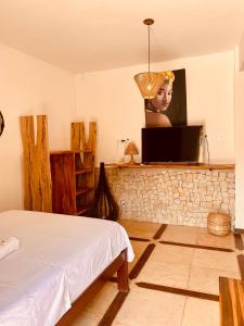 um quarto com uma cama e uma televisão na parede em Pousada Casa do Bruno em Canoa Quebrada