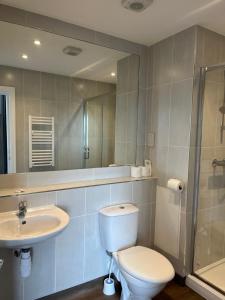 a bathroom with a toilet and a sink and a shower at Queens Hotel in Blackpool