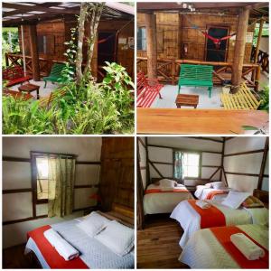 3 fotos de una habitación con camas y una casa en Cabañas Bambu Mindo, en Mindo