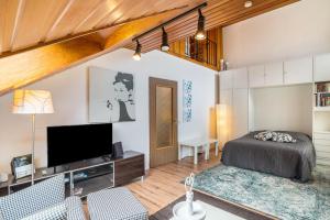 Aixpress Apartment في باد هيرنالب: غرفة نوم بسرير وتلفزيون بشاشة مسطحة