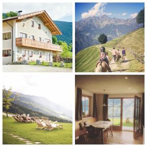 un collage de fotos con una casa y un caballo en Tholer Ferienwohnung 2, en Lagundo