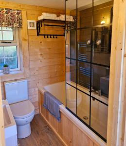 a bathroom with a toilet and a glass shower at Cozies Cabin in Billy