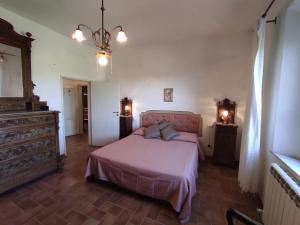 a bedroom with a bed and a chandelier at Borgo Iris in Pietraia