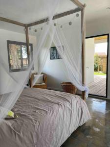 a bedroom with a bed with white mosquito netting at Villa confort piscine chauffée*/10KM CONTIS Plage in Lit-et-Mixe +79 photos