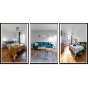 3 immagini di una camera da letto e di un soggiorno di L'Eugène - Maison 3 chambres a Vichy