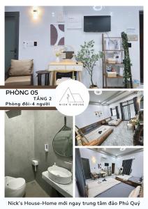 uma colagem de três imagens de uma sala de estar em Nick’s House - Homestay Đảo Phú Quý em Cu Lao Thu