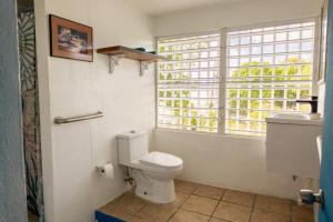 a bathroom with a white toilet and a window at Beachfront Suite 5 Cacique in Vieques