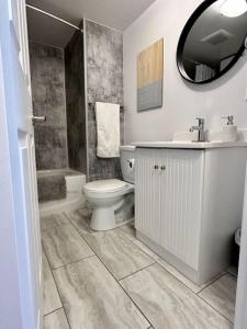 uma casa de banho com um WC, um lavatório e um espelho. em Beau studio 2 chambres em Val-dʼOr