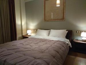 ein Schlafzimmer mit einem großen Bett mit zwei Lampen in der Unterkunft Ulysses Apartments Acropolis in Athen