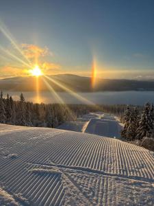 a snow covered slope with the sun in the background at Bagargården7. bed & breakfast (Åre Bageri) in Åre