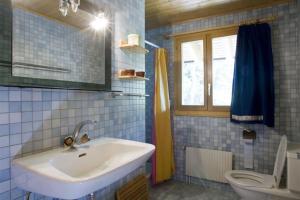 La salle de bains est pourvue d'un lavabo et de toilettes. dans l'établissement Chalet La Madelon idéal pour les grandes familles, à Hérémence