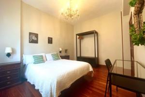 1 dormitorio con cama, mesa y lámpara de araña en Casa PilarCasco Viejo Wifi en Bilbao